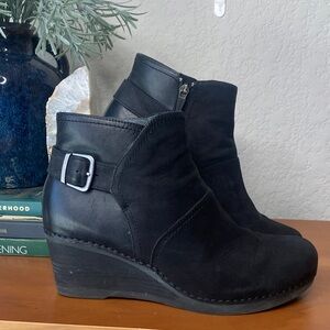 Dansko Black Wedge Ankle Boots with Buckle Detail